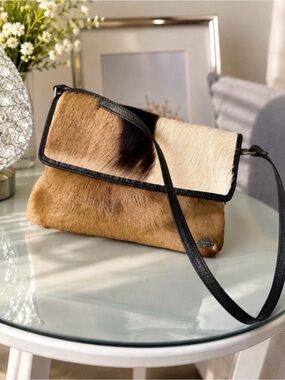 bloom New York Two-Tone Cowhide Crossbody Bag in Brown, Black & Cream